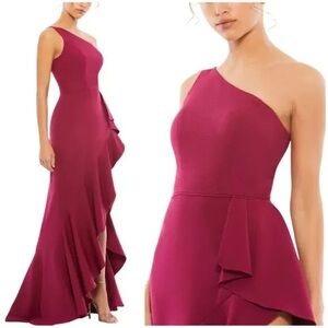 NWT Mac Duggal Maroon One Shoulder High Slit Ruffle Gown Hi-Low Hem Size 4